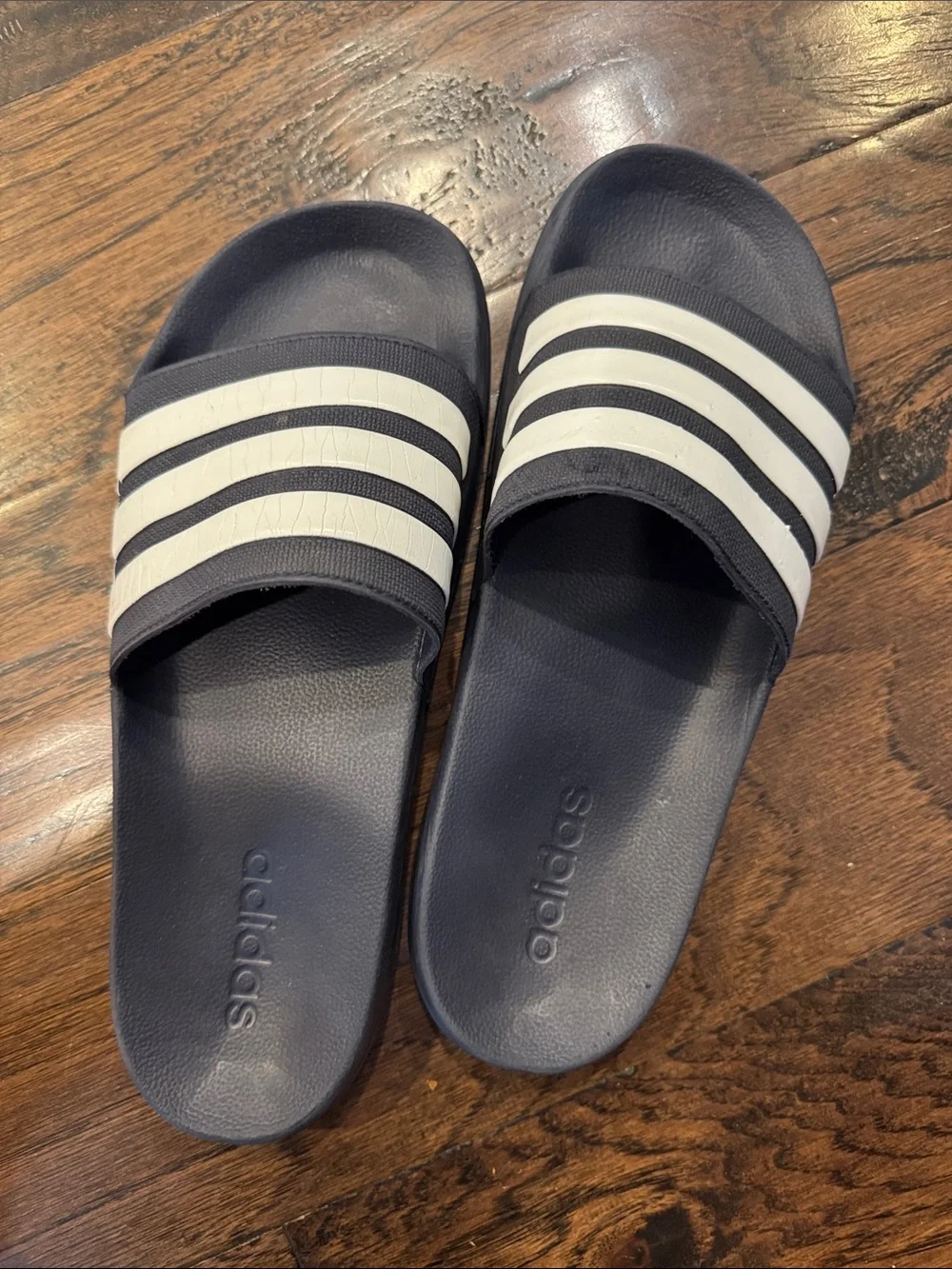 Adidas Navy Slide Sandals with White Stripes men’s 10